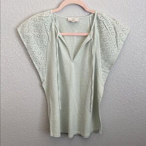 LOFT Mint Eyelet-Sleeve Tie-Neck Tank